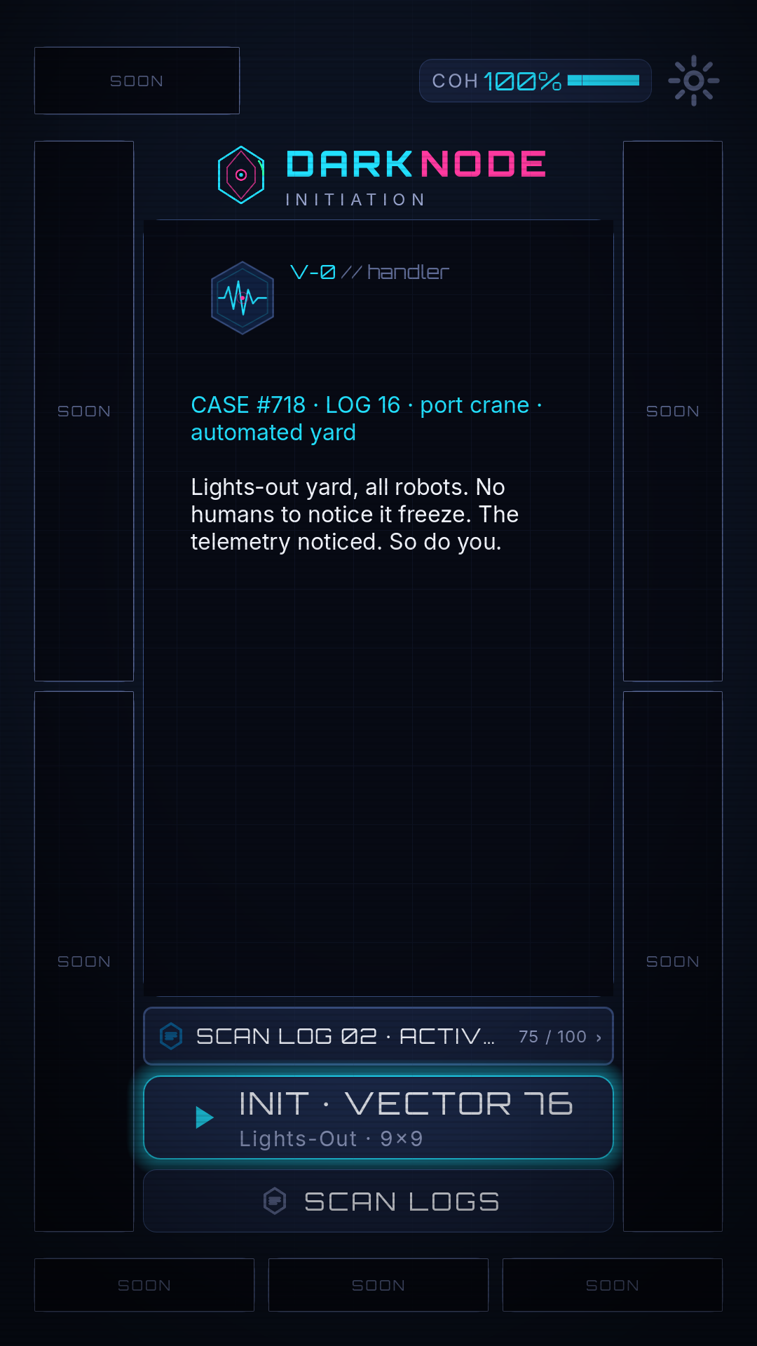 Home screen showing the current Vector and Scan Log progress