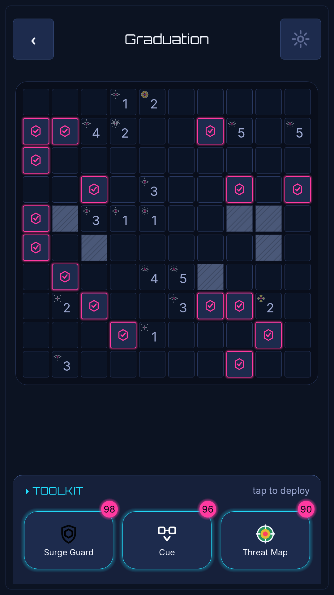 Secured board: every safe cell revealed and all dark nodes neutralised